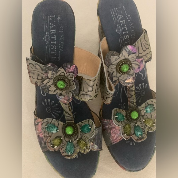L'Artiste Spring Step Meliauna Floral Boho Beaded Heel Sandals Sz Eu 38 US 7.5-8 - Picture 1 of 9